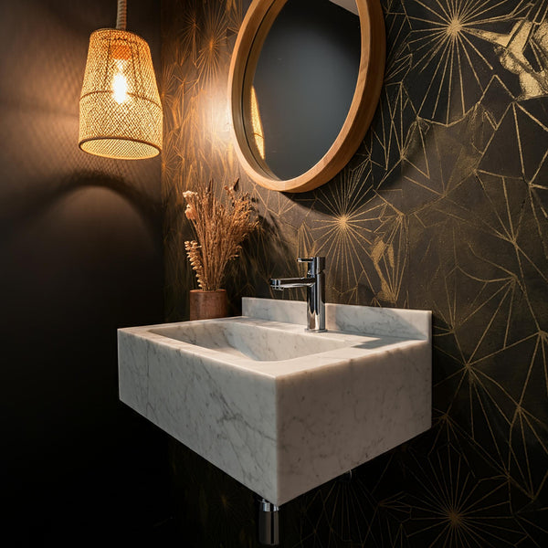 Modern Carrara Marble Wall-Mount Sink with Integrated Backsplash M3S045