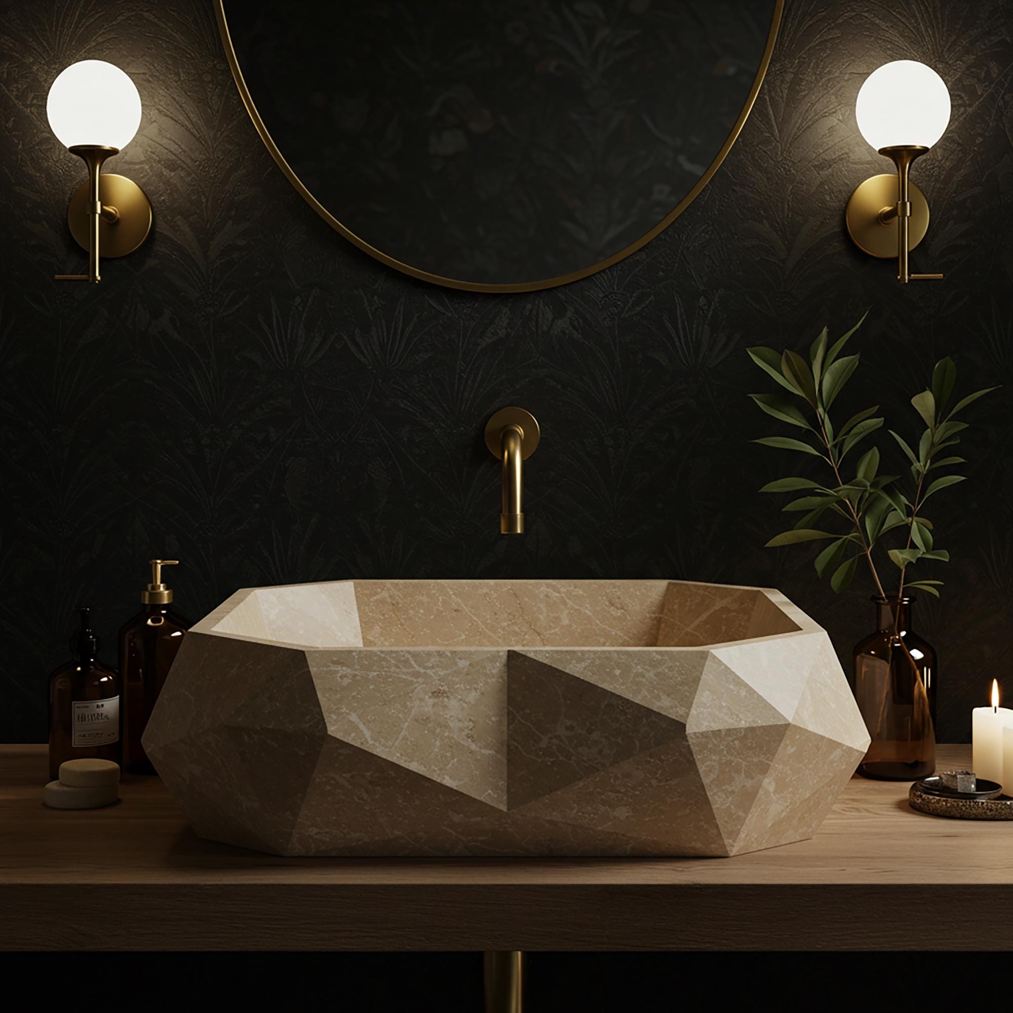 Handcrafted travertine sink with faceted edges designed for modern luxury bathrooms and warm interior aesthetics.