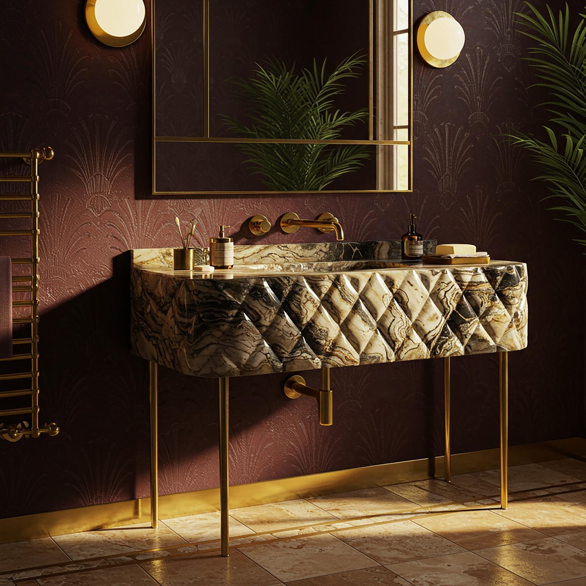 This luxurious bathroom vanity showcases a handcrafted Picasso marble sink with a sculpted diamond pattern and brass metal stand.