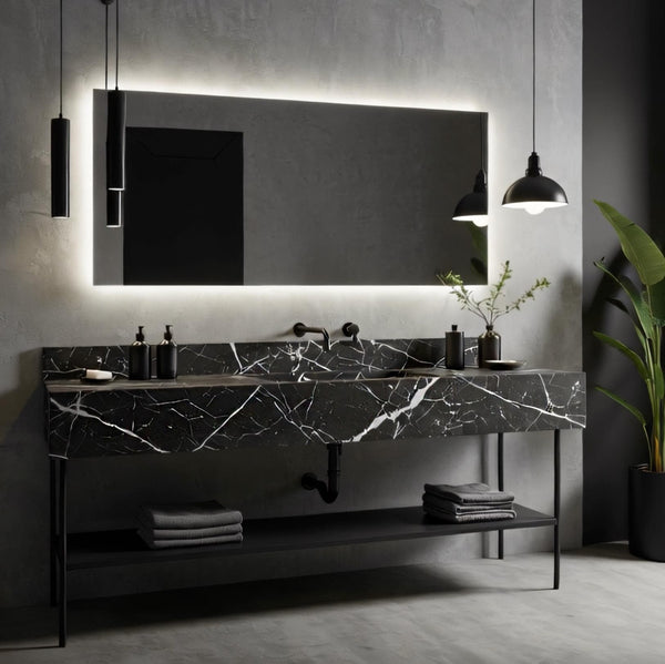 Black Marble Sink, Wall Mounted Vanity, Fluted Stone Basin, Modern Bathroom Sink, Luxury Marble Vanity, Custom Stone Sink M3M039 hover