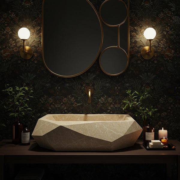 Natural Marble Sink Basin – Geometric Stone Vessel Sink, Modern Bathroom Vanity Top Sink, Custom Marble Sink for Bathroom Decoration M3S043