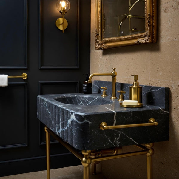 Fluted Black Marble Sink with Brass Legs – Stone Wall Mounted Bathroom Vanity, Luxury Marble Sink Basin for Modern Interior Design M3M005 hover