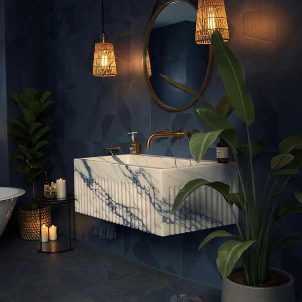 Wall Mounted Sink, Grey Viola Marble Sink Basin, Fluted Marble Sink for Bathroom Vanity, Stone Wall Sink, Modern Bathroom Decor M3S87 hover