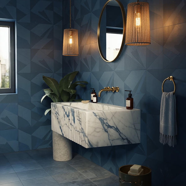 Grey Viola Marble Sink, Wall Mounted Fluted Marble Sink Basin, Floating Stone Sink for Bathroom Vanity, Luxury Bathroom Design M3S84 hover