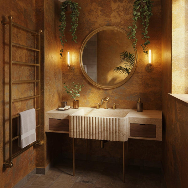 Custom Travertine Sink Vanity With Fluted Marble Sink Basin, Natural Stone Bathroom Vanity Top For Interior Design Lovers M3M95 hover