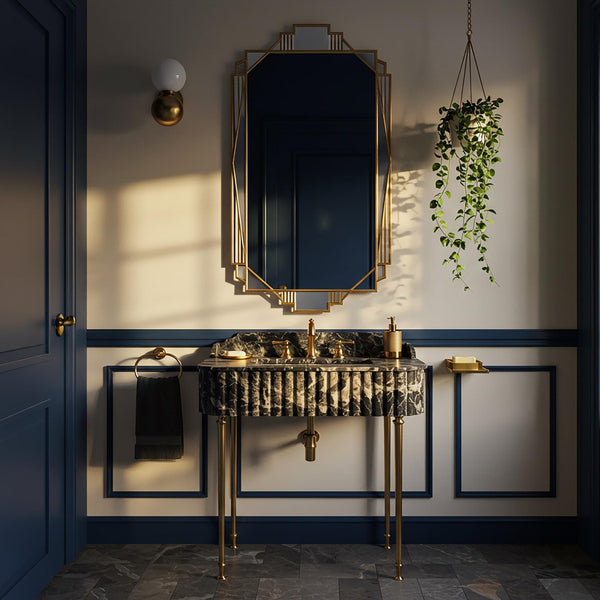 Fluted Marble Sink In Picasso Marble, Wall Mount Sink Vanity Console With Stone Sink Basin For Elegant Bathroom Interiors M3M90