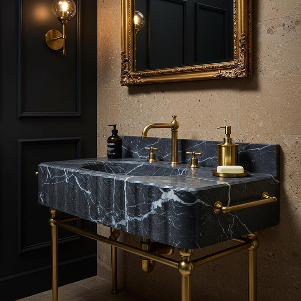 Fluted Black Marble Sink with Brass Legs – Stone Wall Mounted Bathroom Vanity, Luxury Marble Sink Basin for Modern Interior Design M3M005