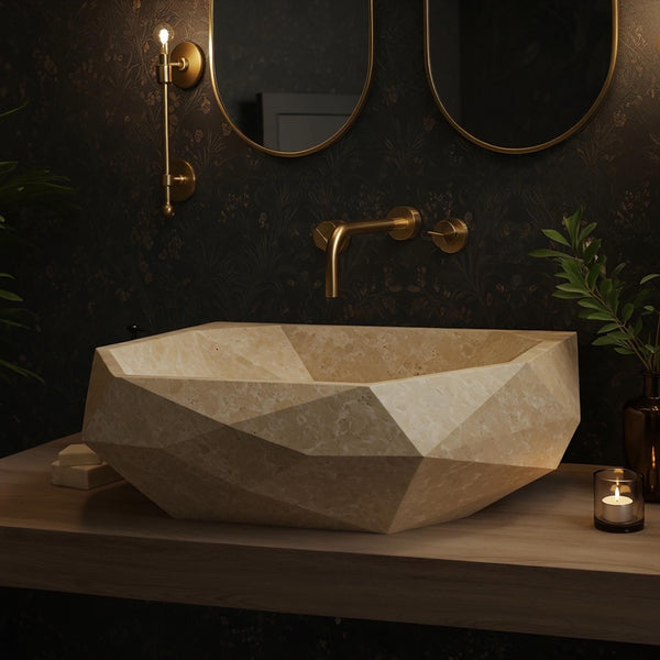 Travertine Sink, Geometric Stone Vessel Sink for Countertop, Modern Bathroom Vanity, Custom Marble Sink Basin for Luxury Design M3S013