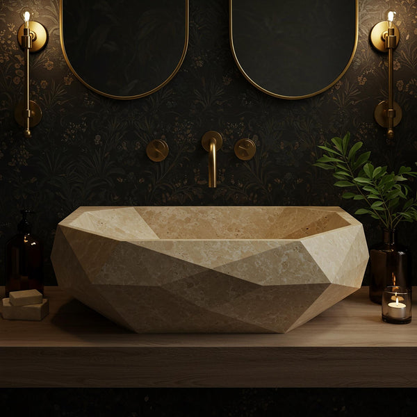 Travertine Sink, Geometric Stone Vessel Sink for Countertop, Modern Bathroom Vanity, Custom Marble Sink Basin for Luxury Design M3S013 hover
