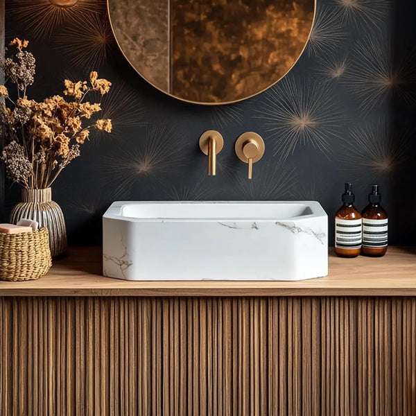 Carrara Marble Sink with Optional Fluted Walnut Vanity – Luxury Floating Bathroom Console M3F017