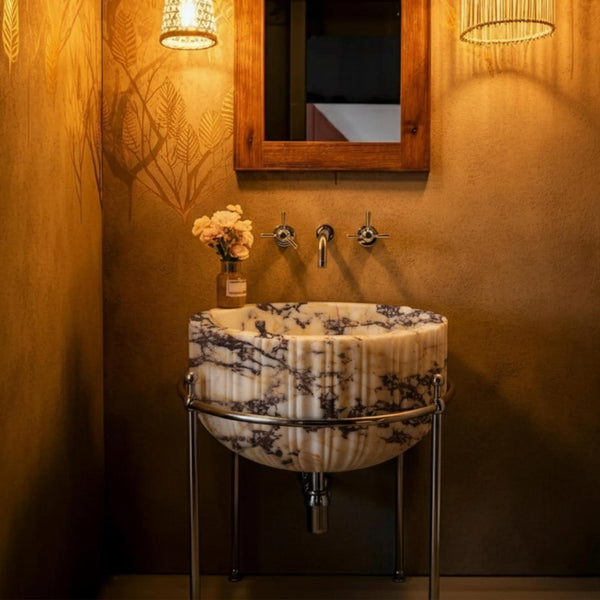 Calacatta Amber Viola Round Marble Sink – Fluted Design with Optional Brass Stand M3M041