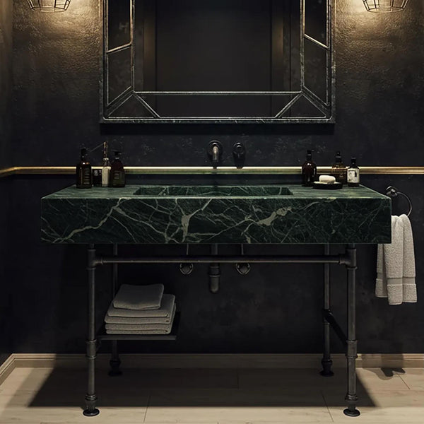 Verde Levanto (Elazig Green) Marble Console Sink, Natural Stone Sink for Industrial Bathroom Decor M3M026