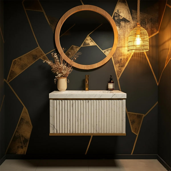 Carrara Marble Wall Mount Vanity with Sink – Fluted Floating Bathroom Cabinet with Gold Trim M3F033 hover