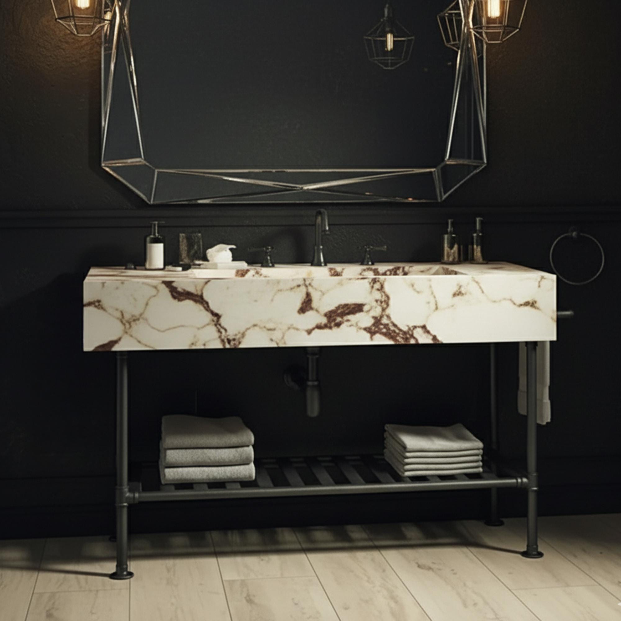 A modern luxury sink crafted from Calacatta Amber Viola marble, paired with an open-frame metal console for a bold design statement.