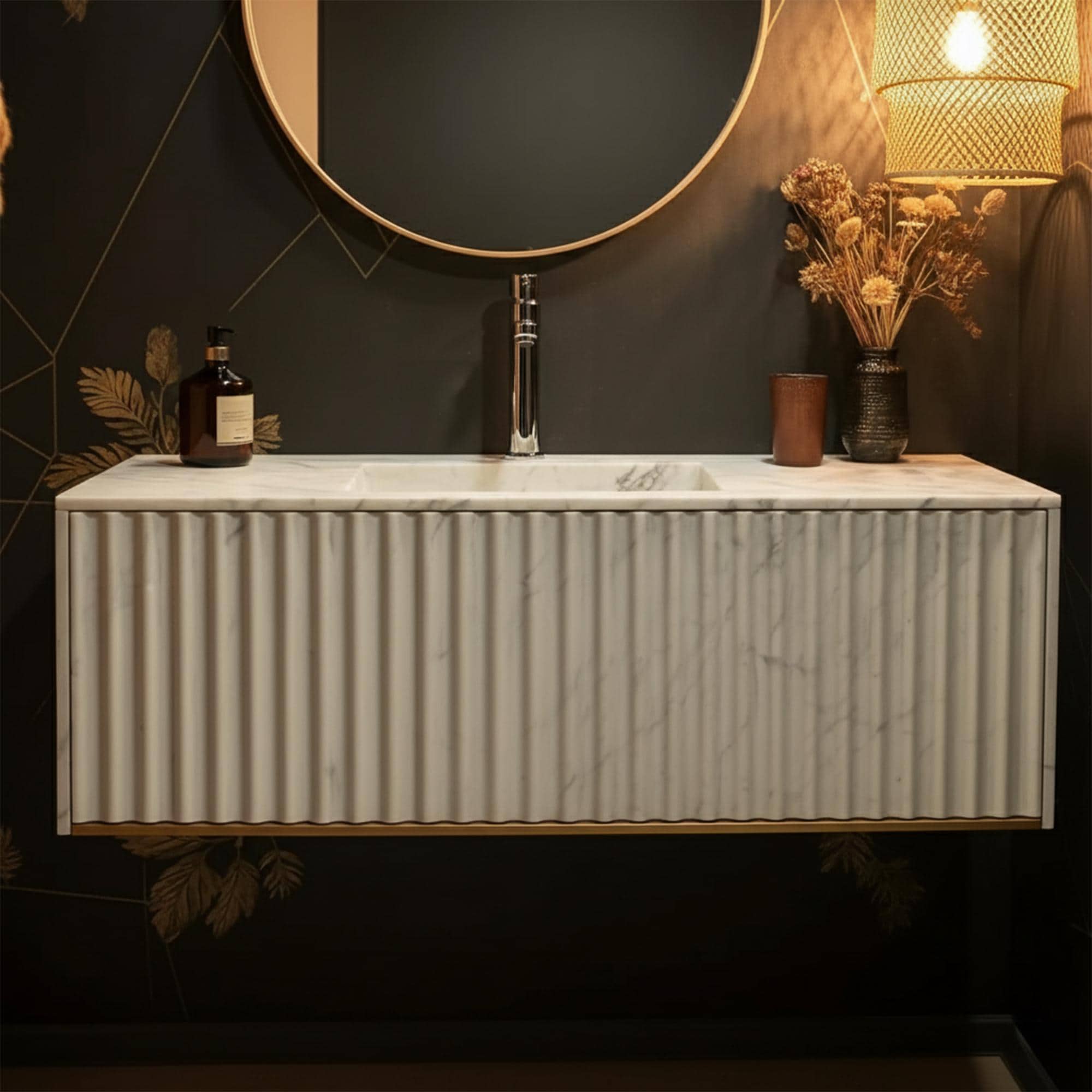 A sculpted Carrara marble sink console, wall-mounted for a refined and seamless bathroom aesthetic.