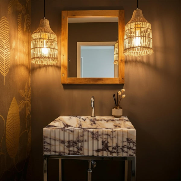 Calacatta Amber Viola Fluted Marble Sink – Luxe Matte Black Vessel for Elegant Retreats M3M050 hover