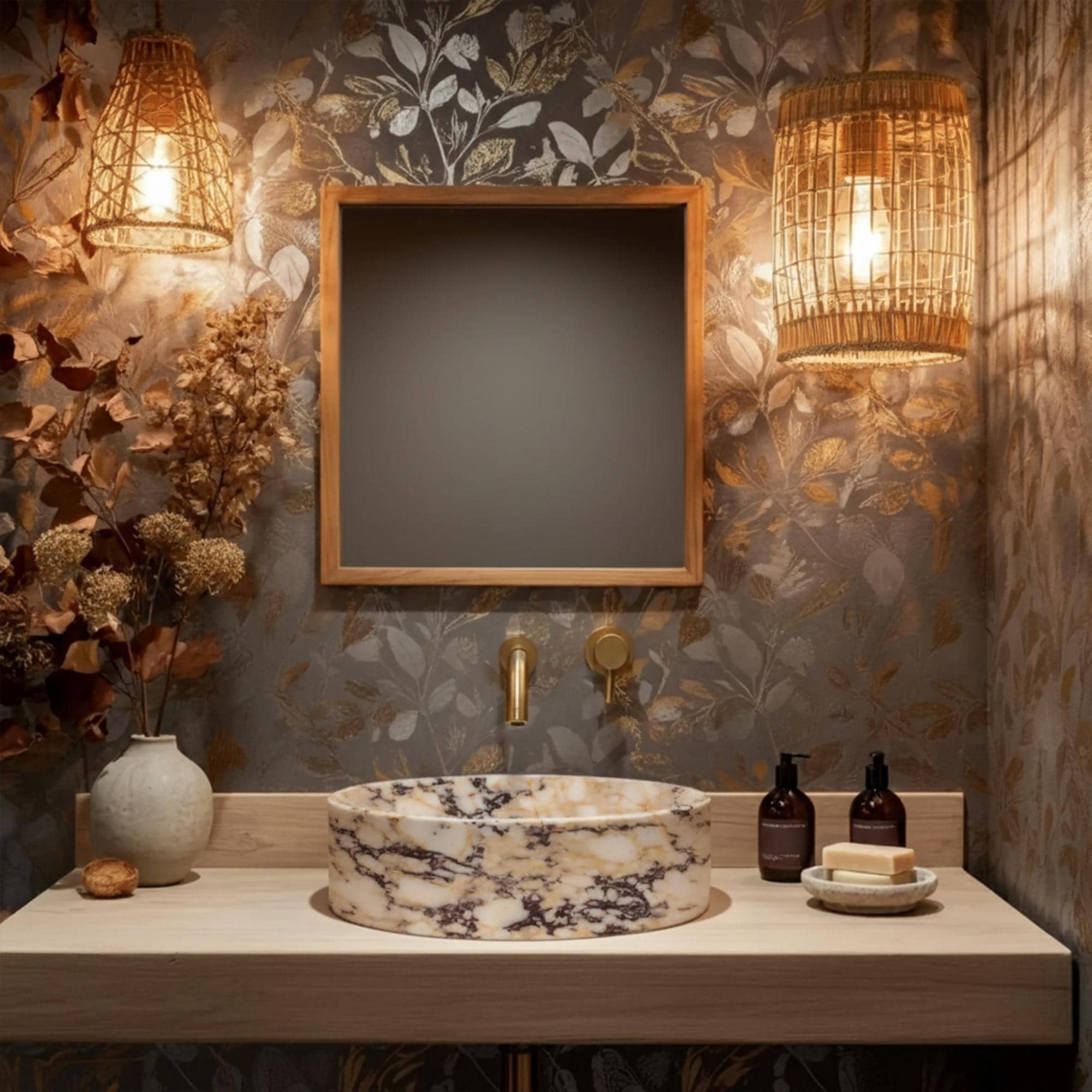 Hand-carved from natural Calacatta Amber marble, this round sink adds a bold, artistic statement to luxury bathroom spaces.