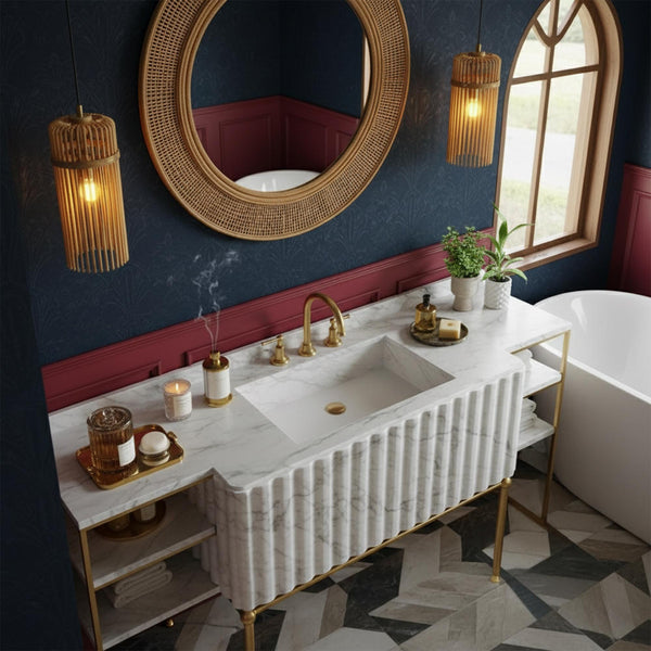 Carrara Marble Fluted Console Sink with Brass Frame & Open Shelves M3M023 hover