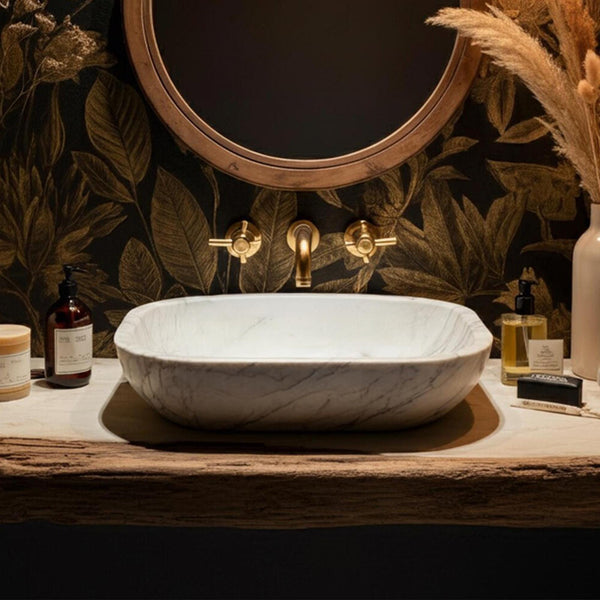 Oval Carrara Marble Vessel Sink with Polished Finish M3S055