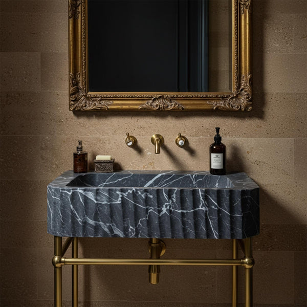 Fluted Pietre Notte Marble Sink with Brass Console Base M3M028 hover