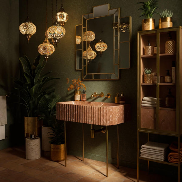 Rosé Fluted Marble Sink with Brass Legs – Luxe Wall-Mount Vanity M3M011 hover