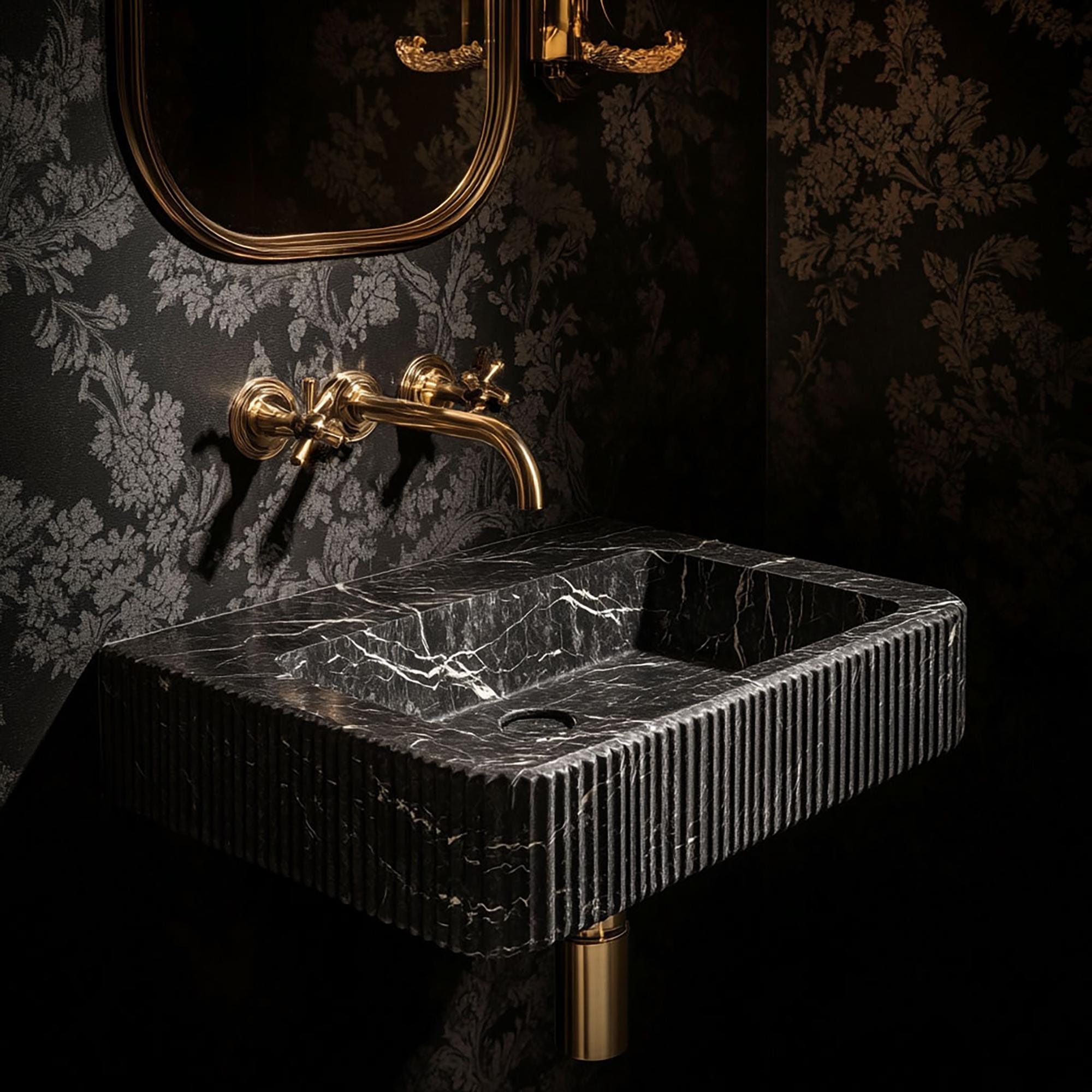 Majestic Pietre Notte Marble Sink – Fluted Wall-Mount Basin with Gold Accents