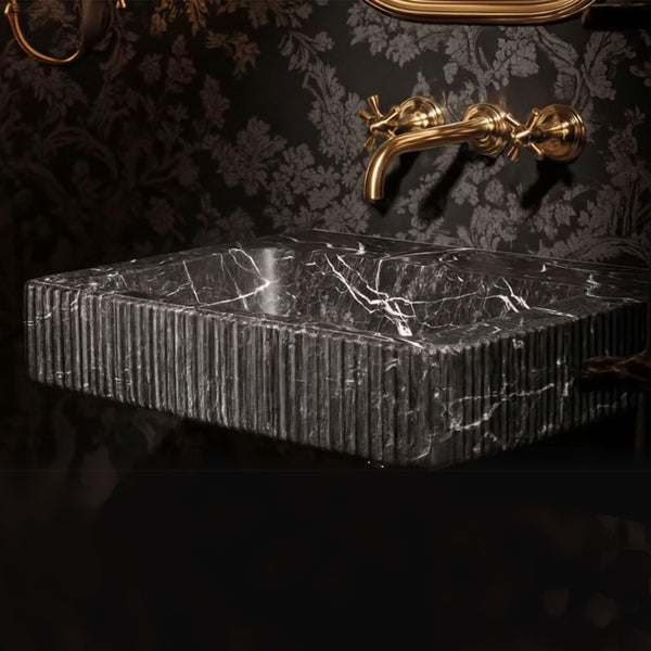 Majestic Pietre Notte Marble Sink – Fluted Wall-Mount Basin with Gold Accents M3S038