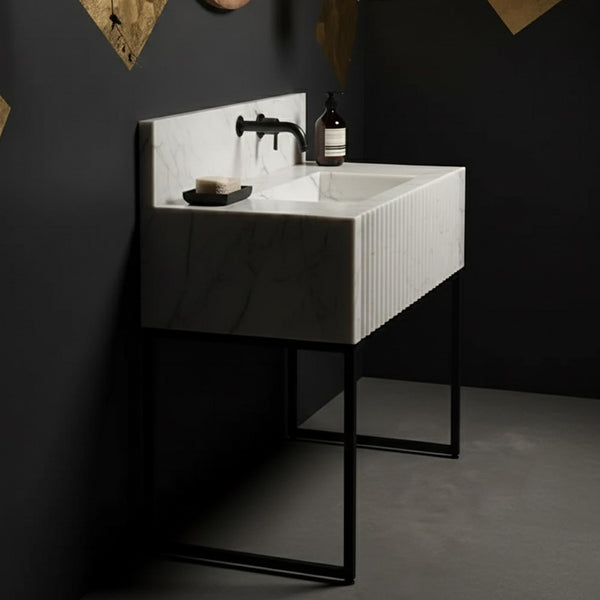 Modern Fluted Carrara Marble Sink with Black Frame M3M035 hover