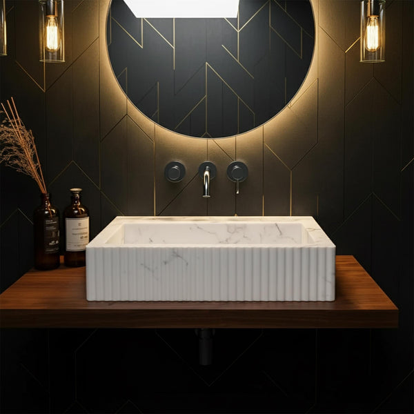 Carrara Marble Fluted Rectangular Vessel Sink M3F052 hover