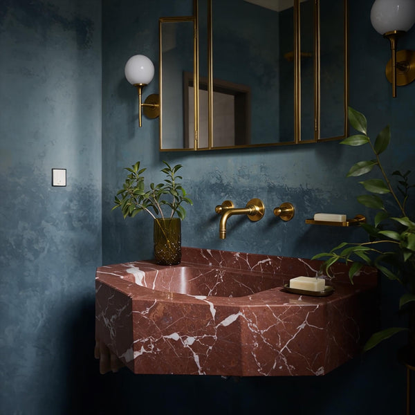 Natural Stone Sink, Red Marble Sink Basin, Wall Mounted Sink for Bathroom Vanity, Floating Marble Vanity Top, Luxury Bathroom Decor M3S72 hover