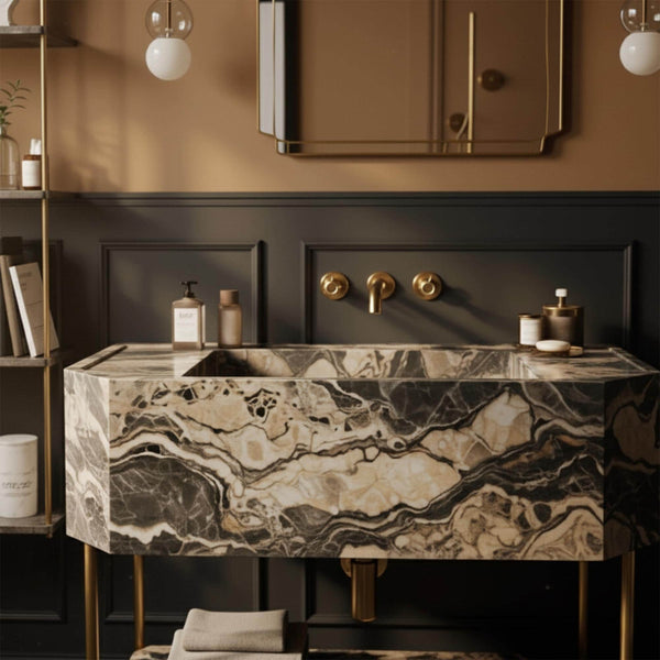 Picasso Marble Console Vanity – Sculptural Freestanding Sink with Brass Accents M3M006 hover