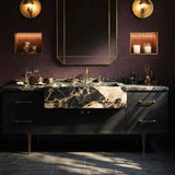 A luxurious double sink bathroom vanity crafted from Picasso marble with bold black and beige veining.