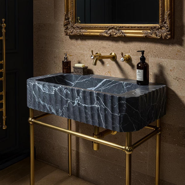 Fluted Pietre Notte Marble Sink with Brass Console Base M3M028