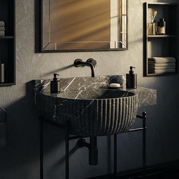 Fluted Pietre Notte Marble Wall Sink with Matte Black Base M3M019