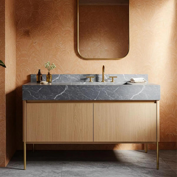 Pietre Notte Gray Marble Sink with Oak Vanity – Luxe Bathroom Statement M3F015