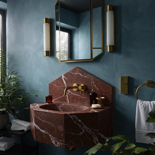 Red Marble Wall Mounted Sink with Backsplash, Custom Viola Marble Vanity for Powder Room, Geometric Floating Sink Luxury Home Decor M3S77 hover