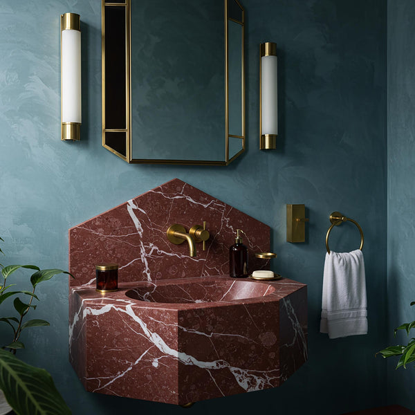 Red Marble Wall Mounted Sink with Backsplash, Custom Viola Marble Vanity for Powder Room, Geometric Floating Sink Luxury Home Decor M3S77