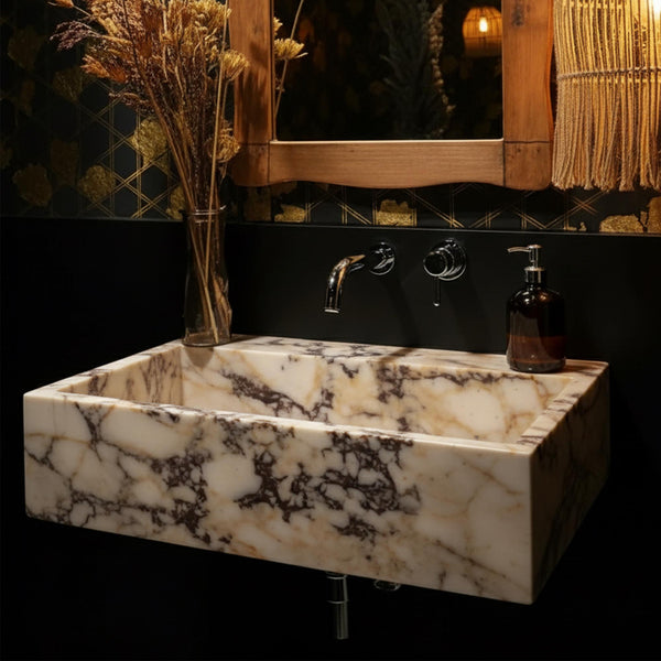 Rustic Chiseled Calacatta Amber Viola Marble Sink – Bold, Raw Elegance with Handcrafted Detailing M3S042 hover