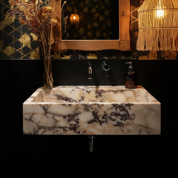 Rustic Chiseled Calacatta Amber Viola Marble Sink – Bold, Raw Elegance with Handcrafted Detailing M3S042