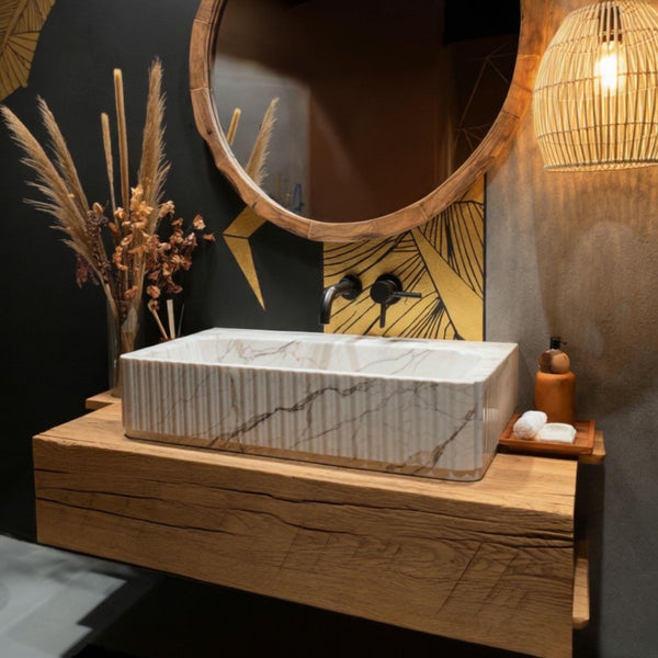 Calacatta Gold Marble Fluted Sink with Oak Floating Vanity M3F044 hover