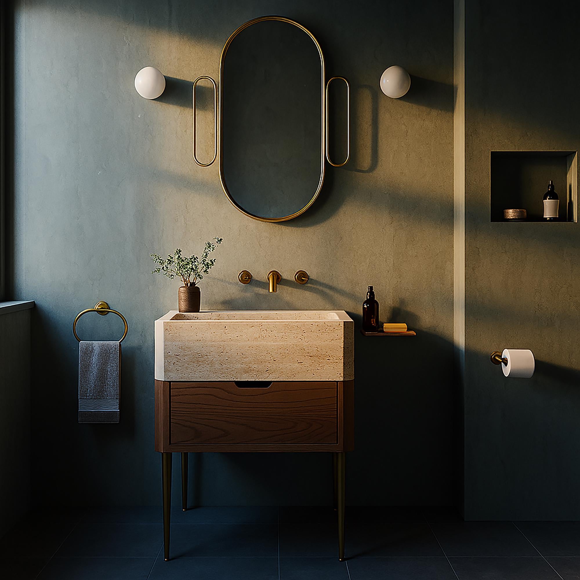 A modern travertine stone sink sits atop a walnut vanity with golden fixtures in a warm, minimalist bathroom setting.