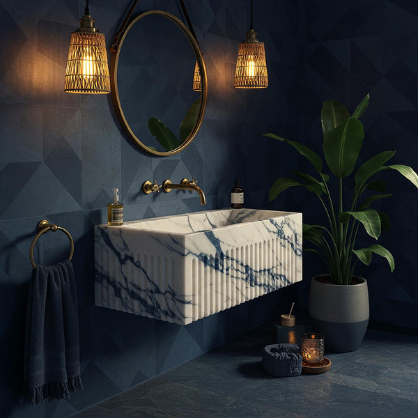 Wall Mounted Sink, Grey Viola Marble Sink Basin, Fluted Marble Sink for Bathroom Vanity, Stone Wall Sink, Modern Bathroom Decor M3S87