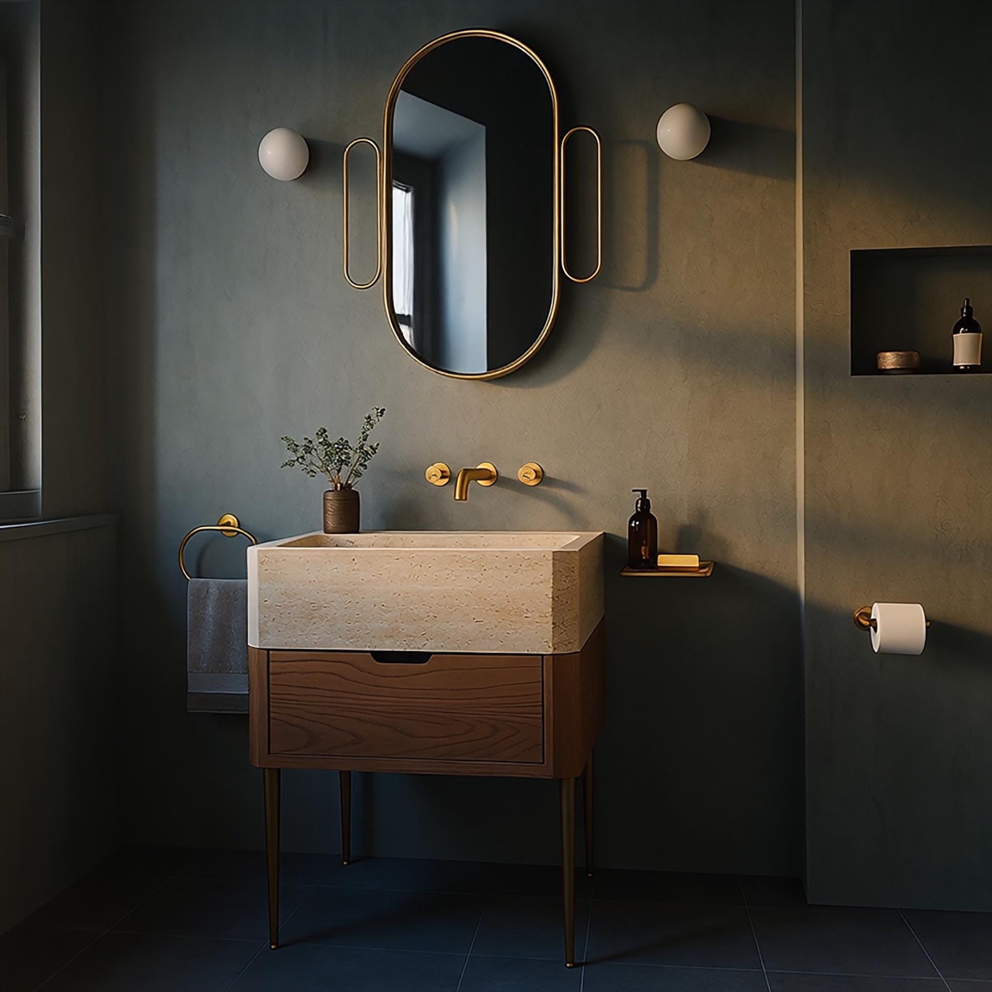 Elegant bathroom scene showcasing a travertine basin and wood vanity, designed for high-end modern interiors.