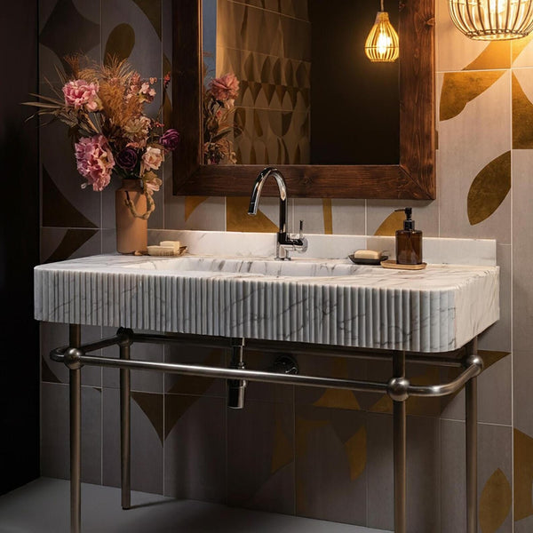 Fluted Carrara Marble Console Sink with Metal Base M3M007